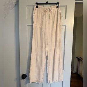Zara Size S Beige Wide Leg Drawstring Crepe Pants Linen Blend Look